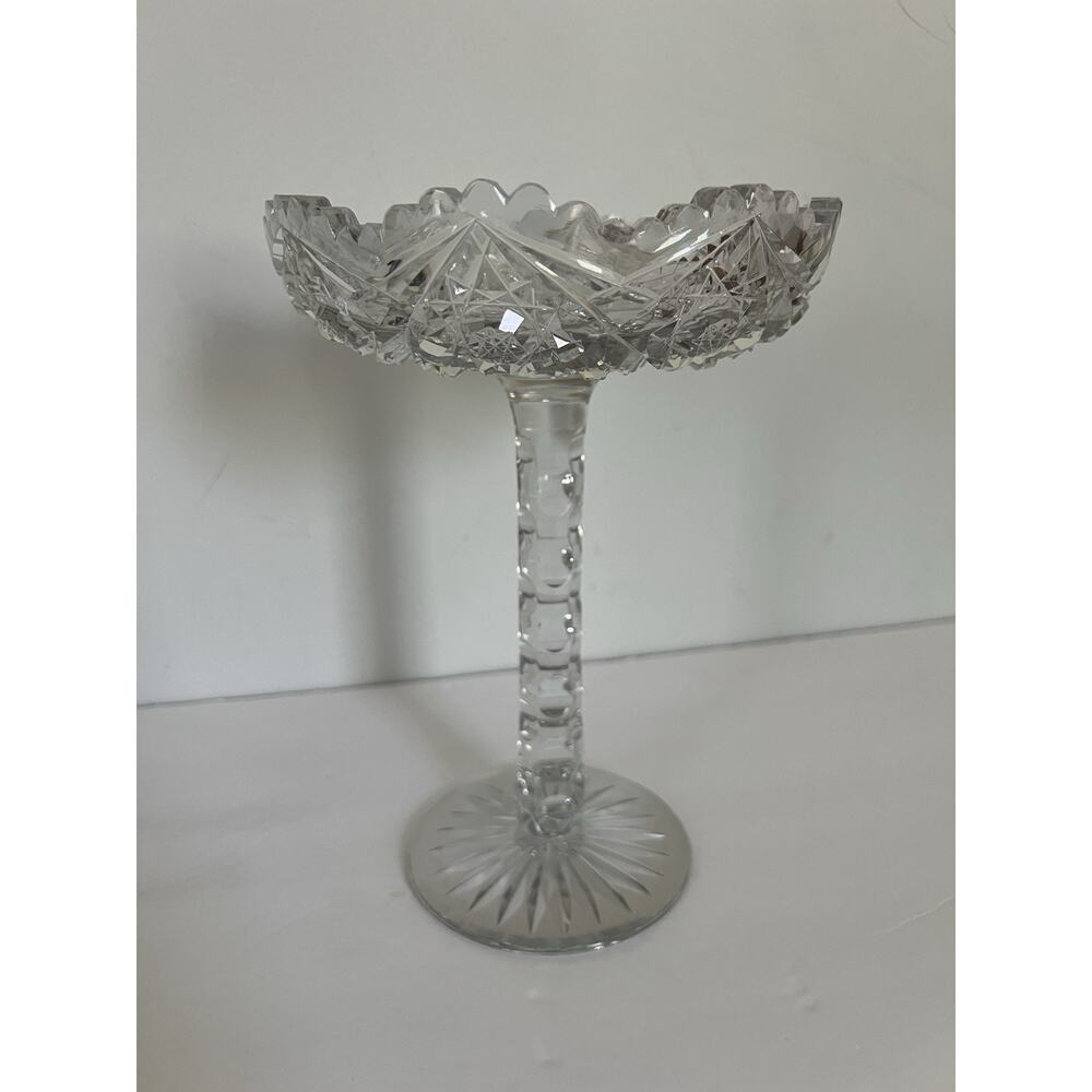 Cut Crystal Clear Hobstar Cane Saw Tooth Tall Pedestal Bowl Compote Dish Antique